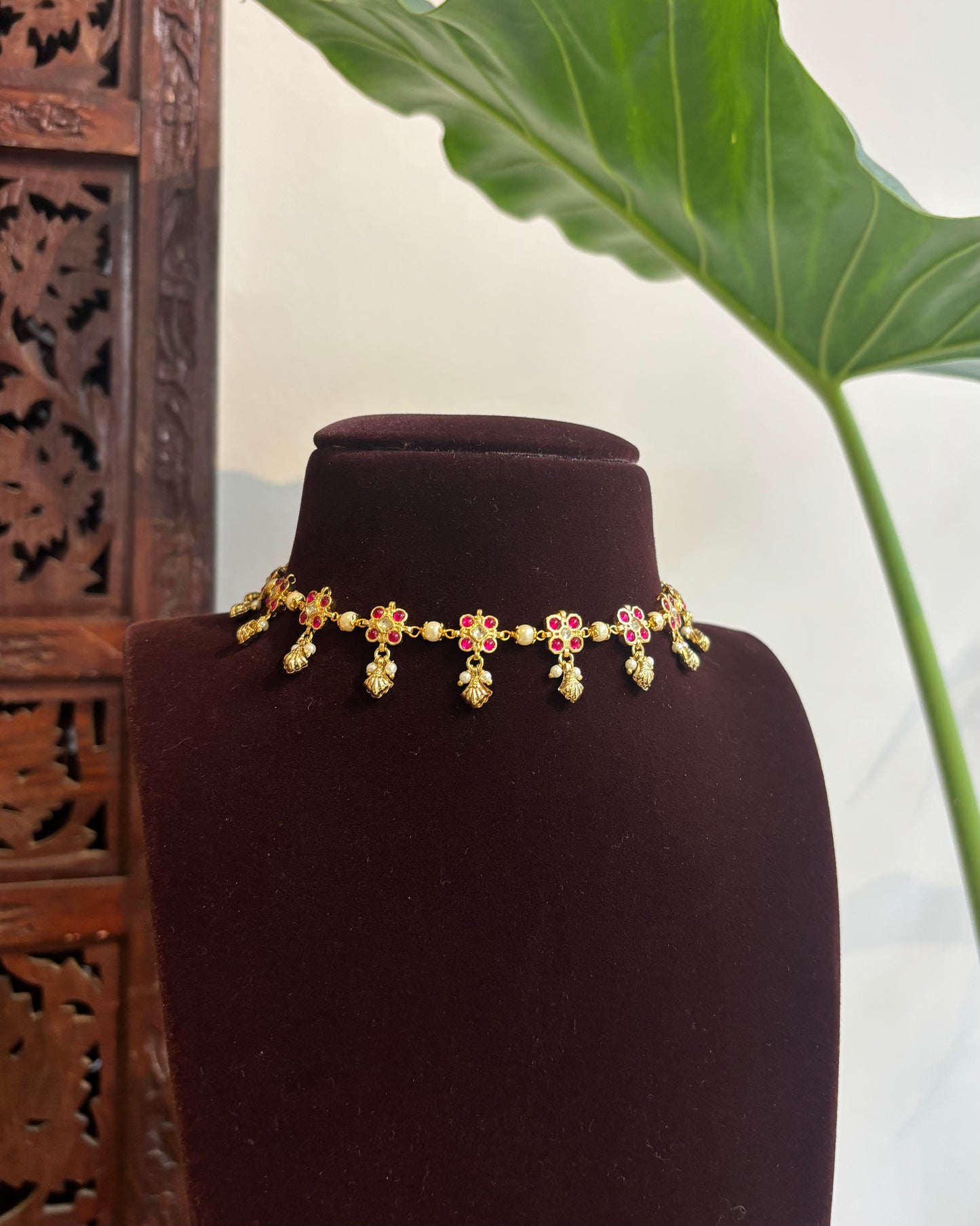 Ruby Floral Delicate Necklace Set – Adjustable Choker with Matching Earrings | NC276