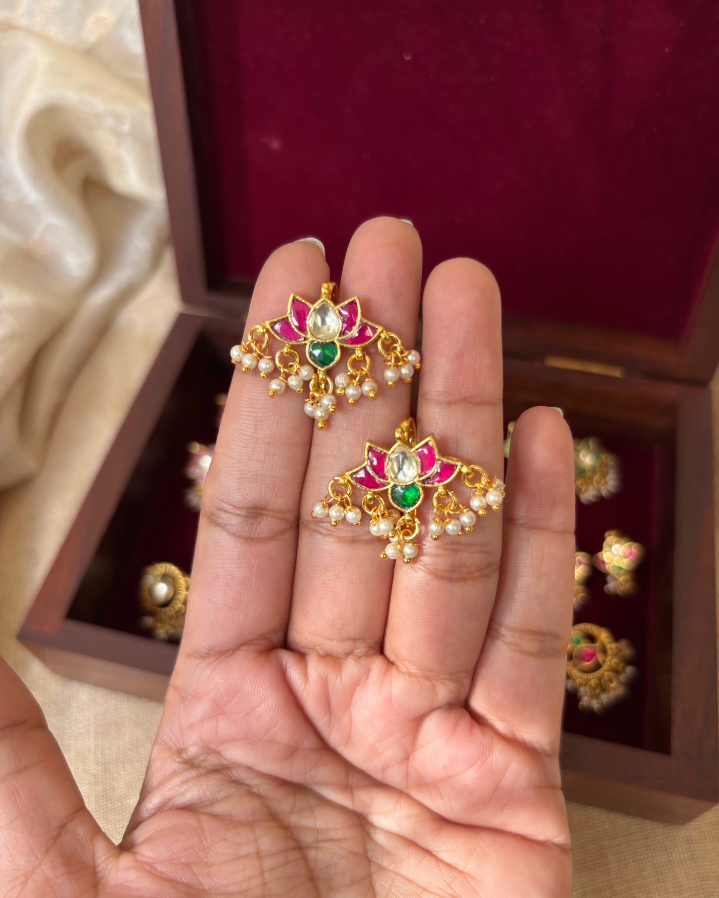 Handcrafted Multicolor Lotus Bugadi – Jadau Kundan Ear Accessory | ER066