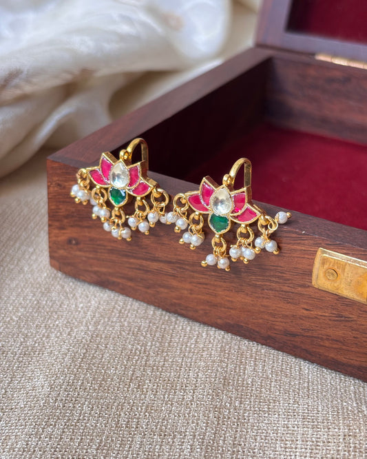 Handcrafted Multicolor Lotus Bugadi – Jadau Kundan Ear Accessory | ER066