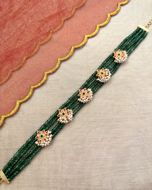 Green Beads Choker with Matte Gold Kundan Detailing | CH001