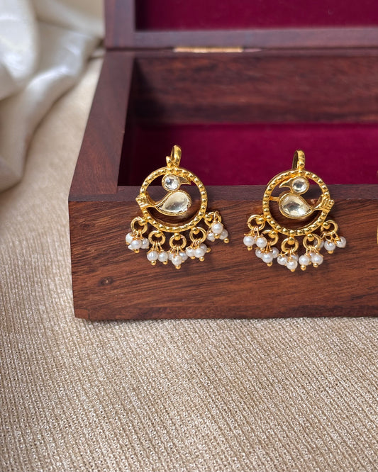White & GoldHandcrafted Peacock Bugadi – Jadau Kundan Ear Accessory | ER067