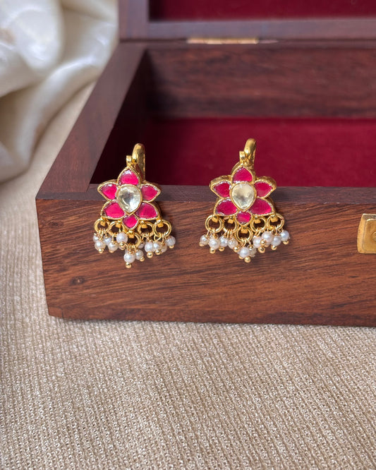 Pink and White Floral Gold-Finish Jadau Bugadi | ER070