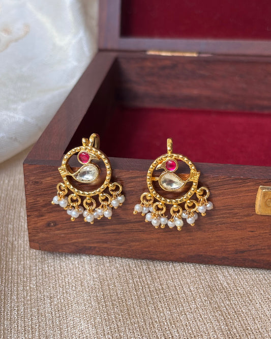 White & GoldHandcrafted Peacock Bugadi – Jadau Kundan Ear Accessory | ER068