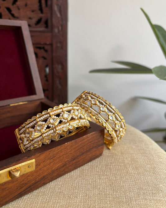 Jadau Kundan Gold Plated Bangles — White with Pearl Detailing | BA078