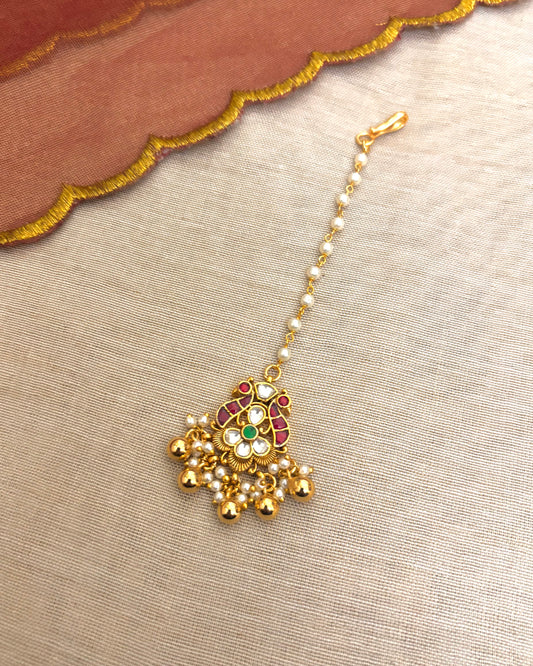 Jadau Kundan Peacock Maang Tikka with Pearl Chain | MT030