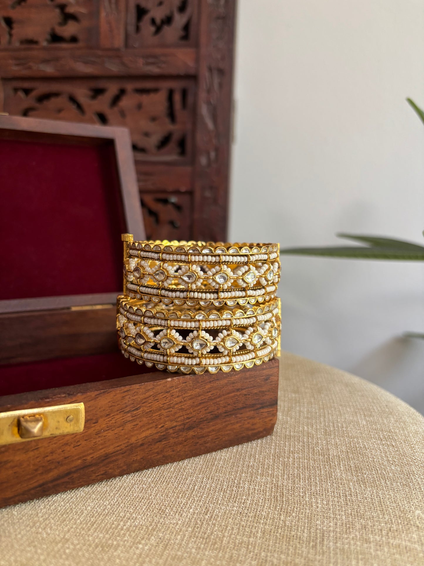 Jadau Kundan Gold Plated Bangles — White with Pearl Detailing | BA078