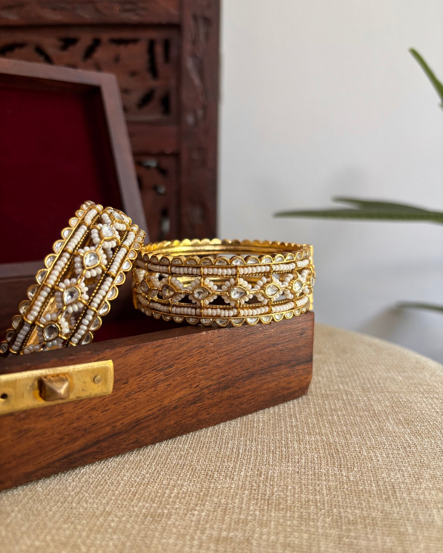 Jadau Kundan Gold Plated Bangles — White with Pearl Detailing | BA078