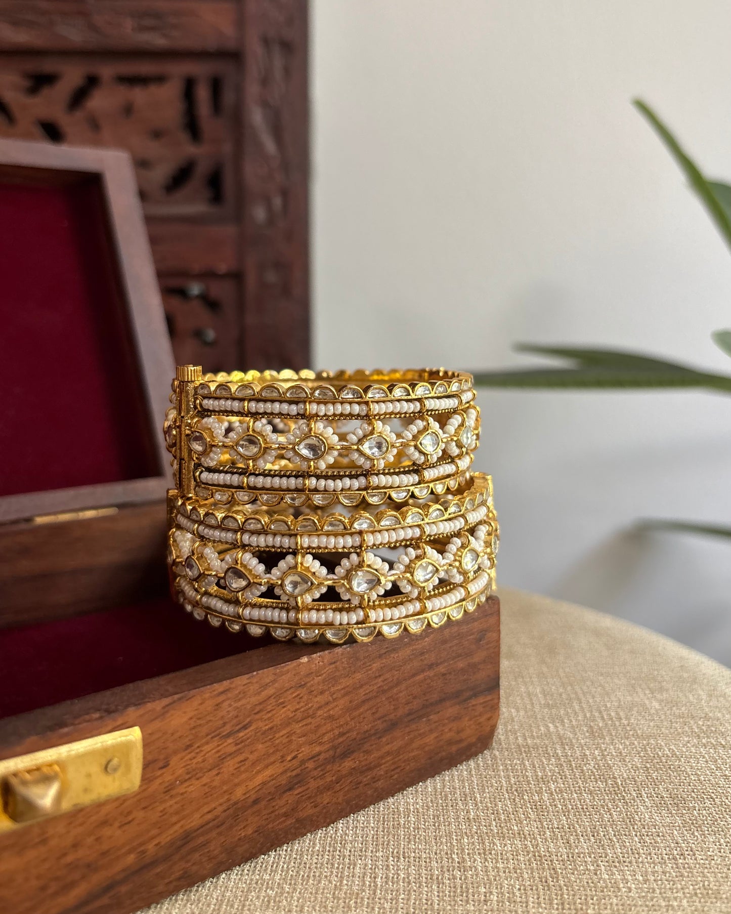 Jadau Kundan Gold Plated Bangles — White with Pearl Detailing | BA078