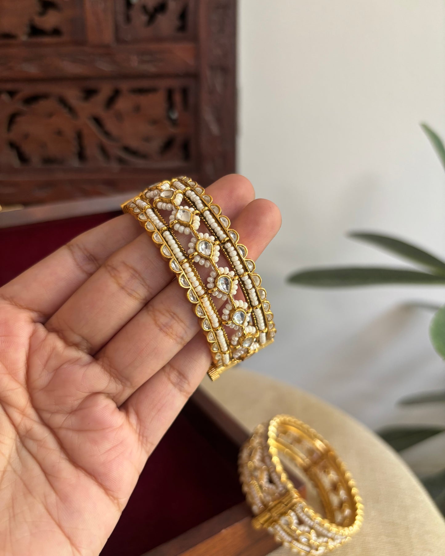 Jadau Kundan Gold Plated Bangles — White with Pearl Detailing | BA078