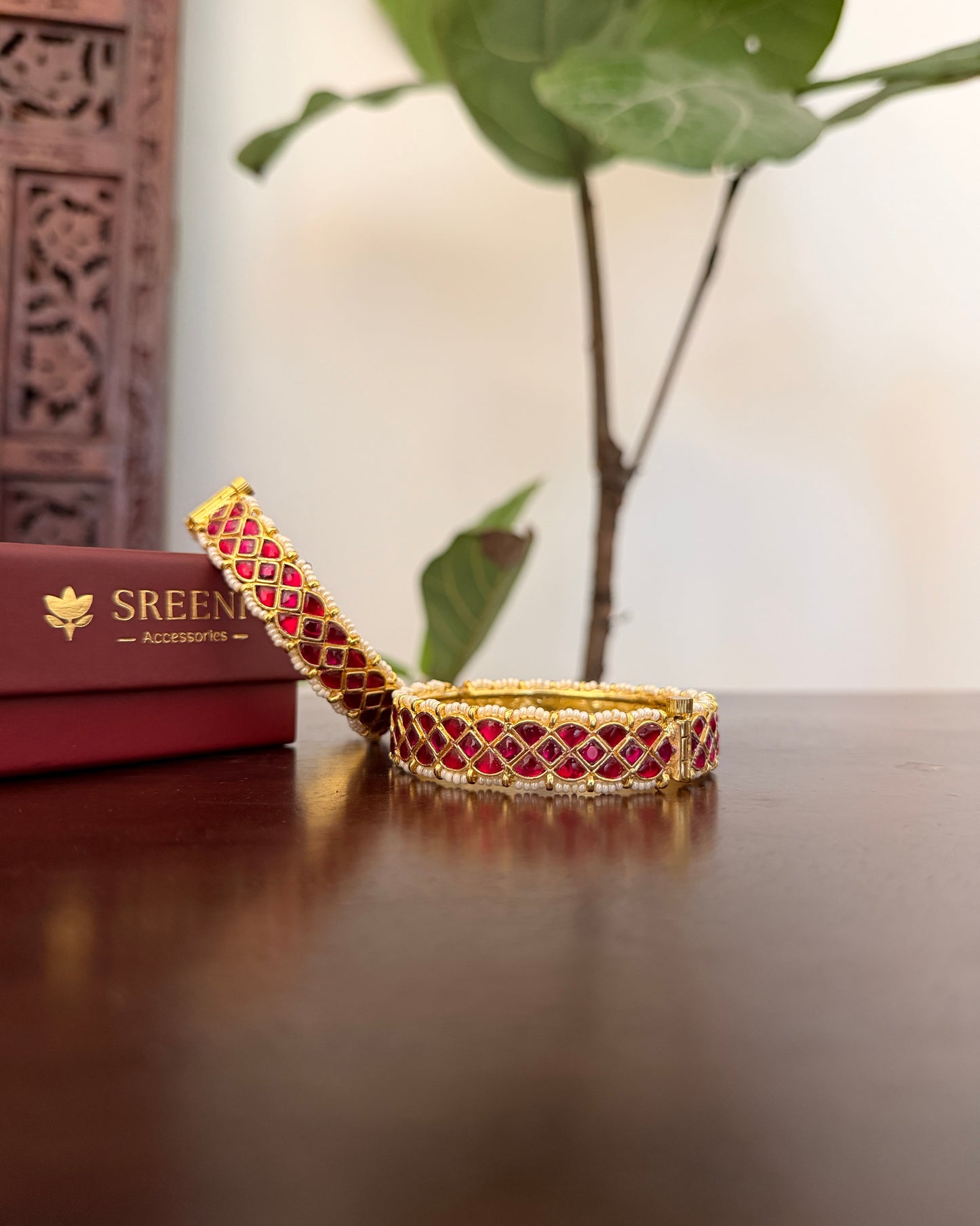 Jadau Kundan Gold Plated Bangles — Ruby with Pearl Detailing | BA127 | BA128 | BA129