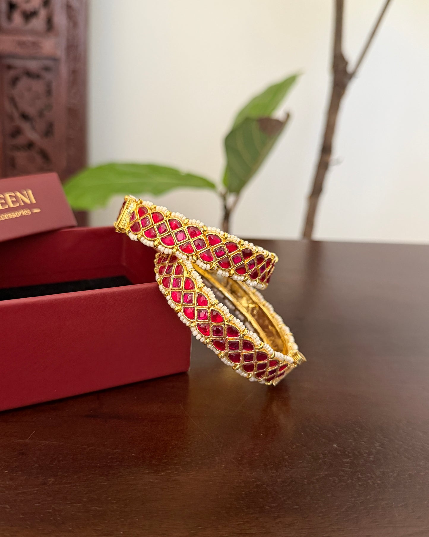 Jadau Kundan Gold Plated Bangles — Ruby with Pearl Detailing | BA127 | BA128 | BA129