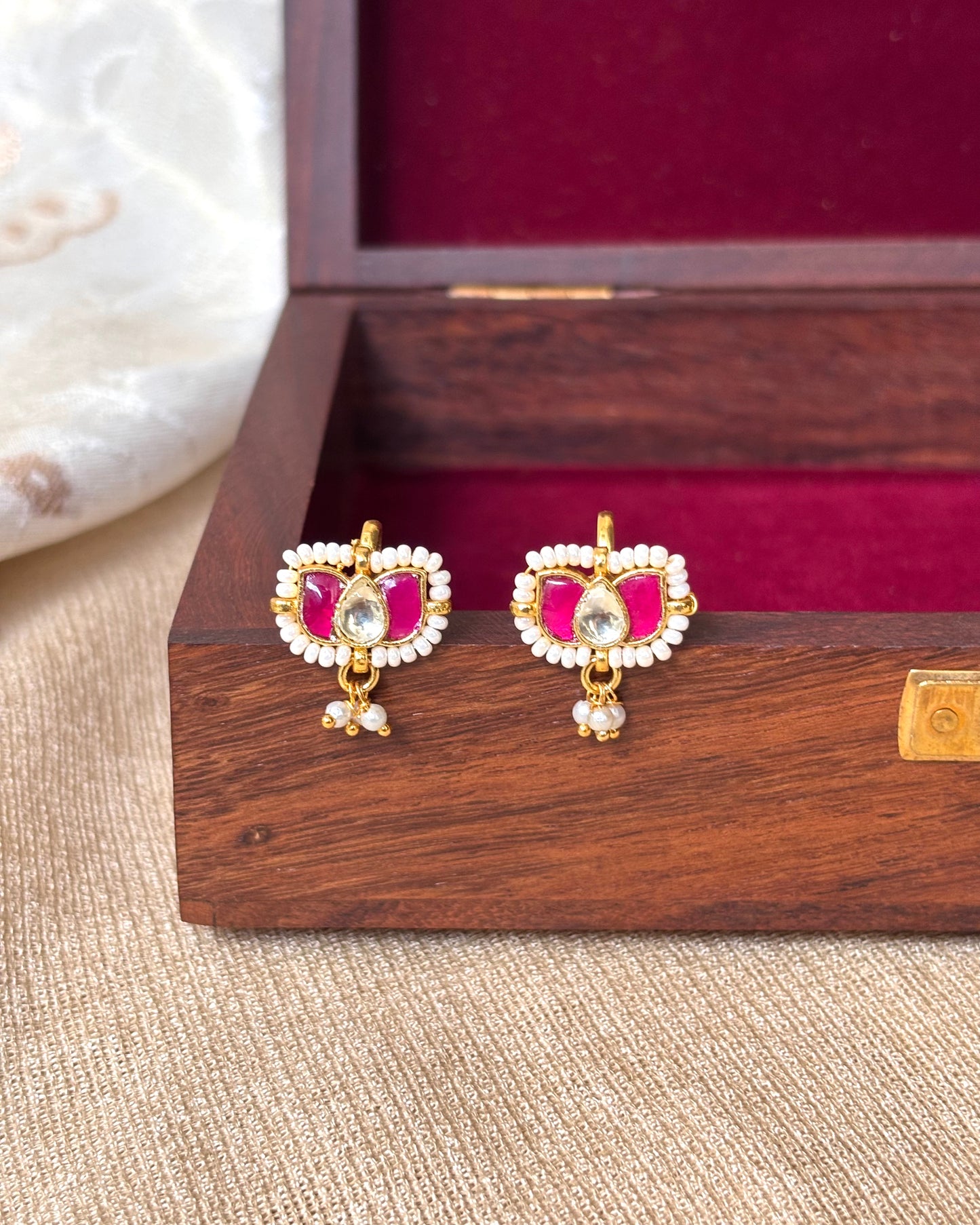 Handcrafted Pink & White Lotus Bugadi – Jadau Kundan Ear Accessory | ER076