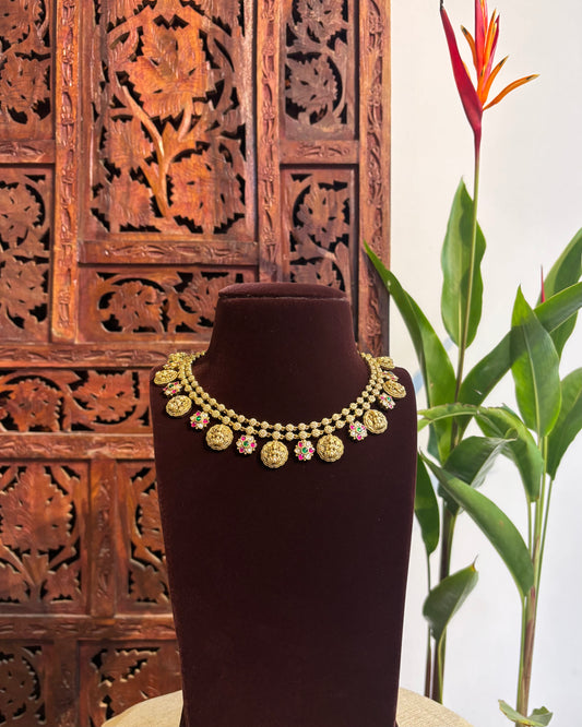 Lakshmi Gold-Finish Temple Necklace Set with Jadau Kundan Detailing | NC156