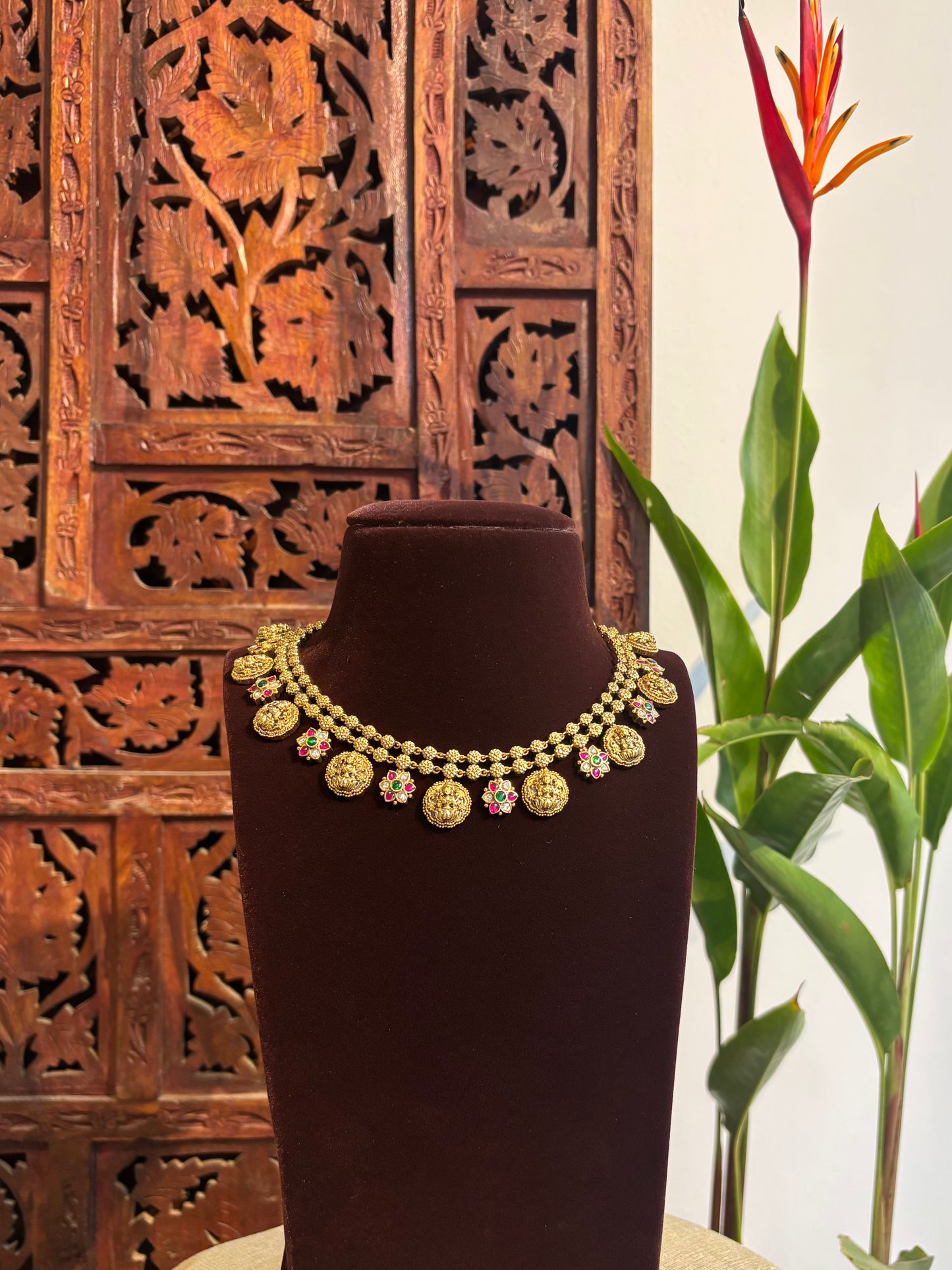 Lakshmi Gold-Finish Temple Necklace Set with Jadau Kundan Detailing | NC156