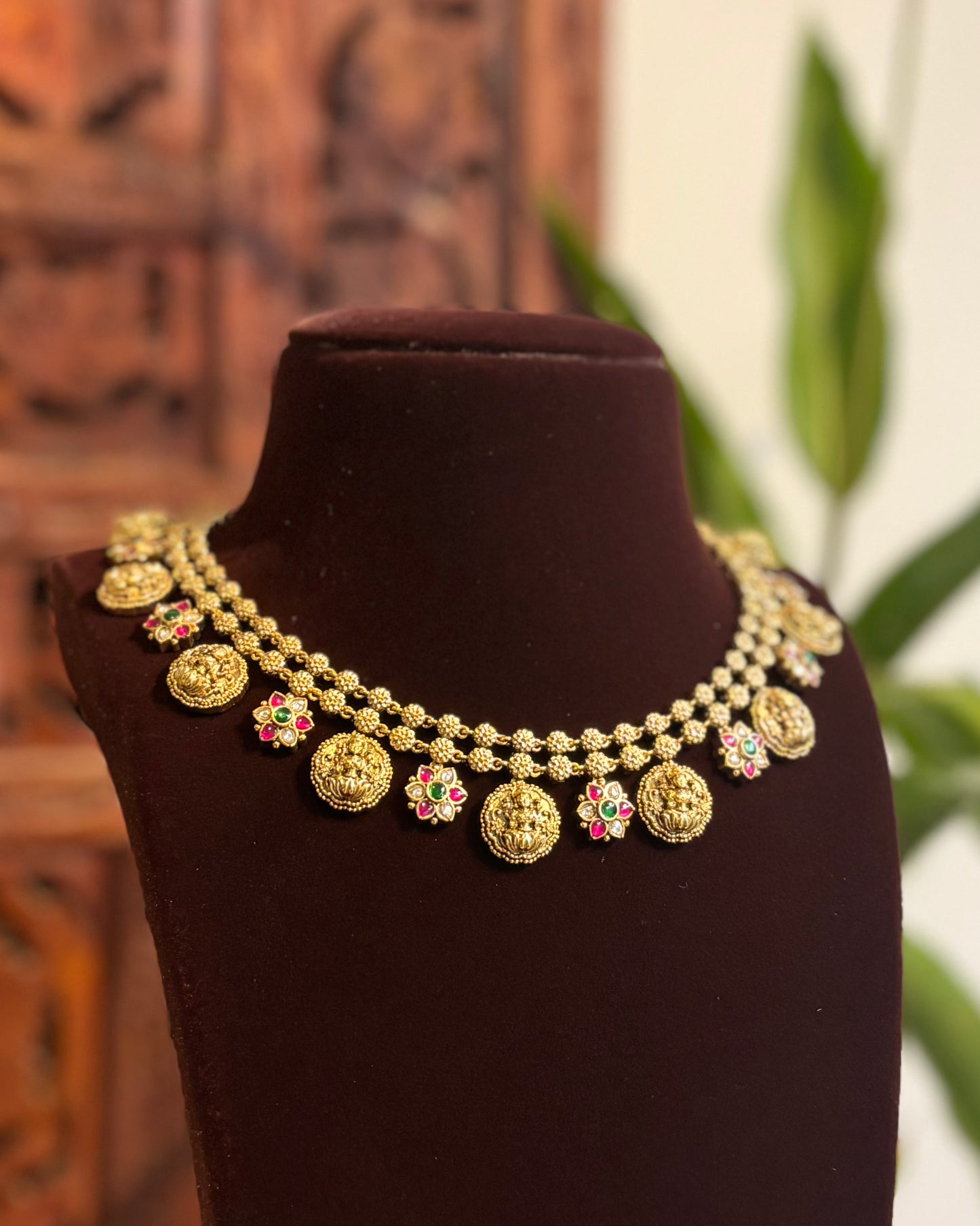 Lakshmi Gold-Finish Temple Necklace Set with Jadau Kundan Detailing | NC156