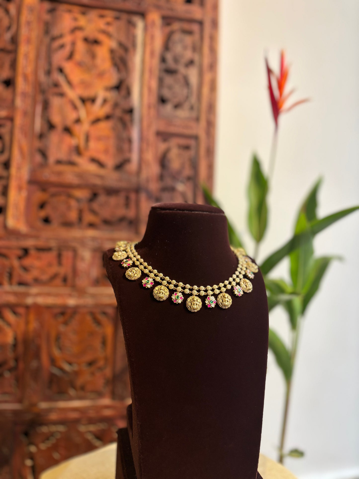 Lakshmi Gold-Finish Temple Necklace Set with Jadau Kundan Detailing | NC156