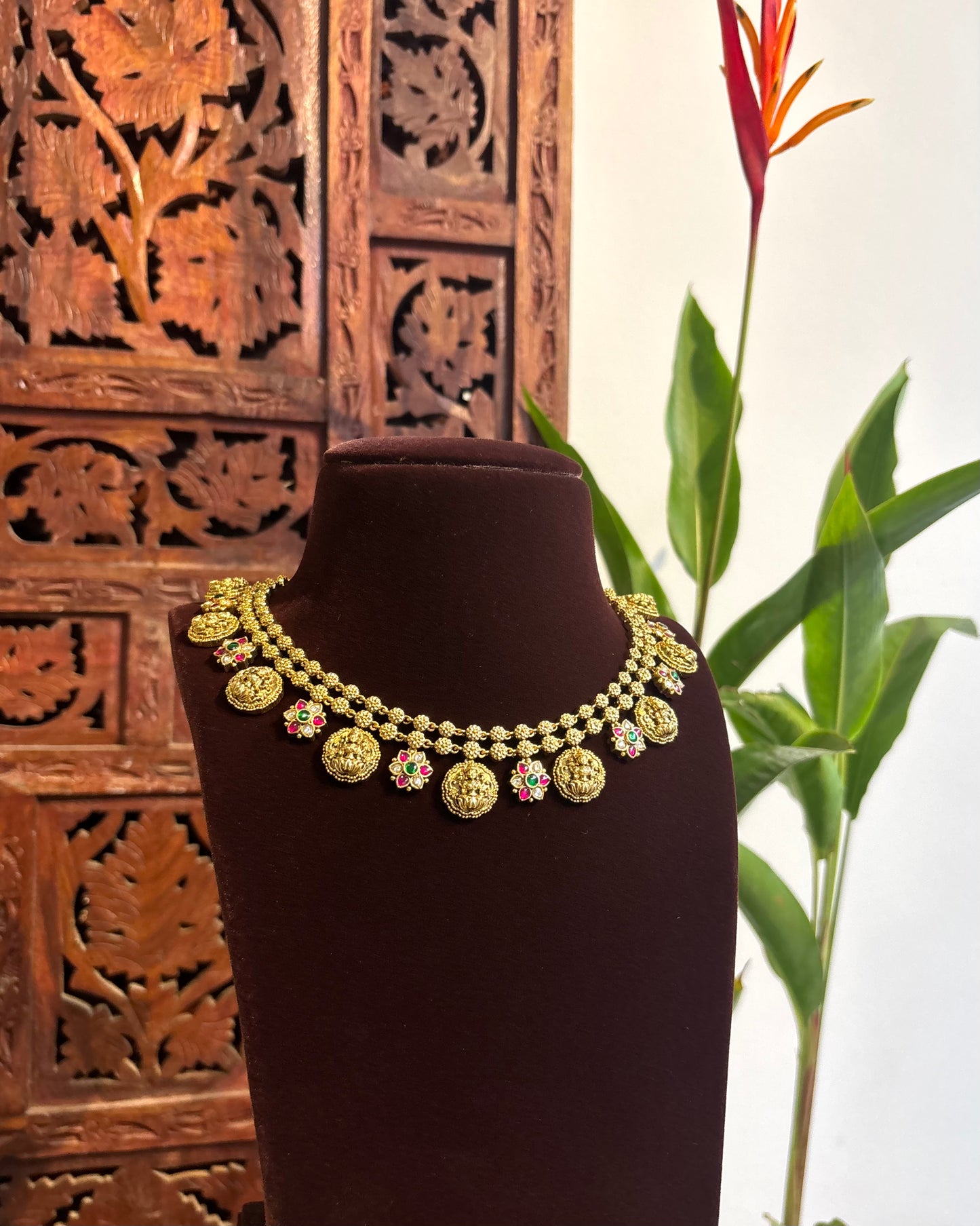 Lakshmi Gold-Finish Temple Necklace Set with Jadau Kundan Detailing | NC156