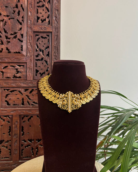 Lakshmi Antique Peacock Kaasu Necklace with Kundan Detailing – Bridal Temple Jewellery | NC366