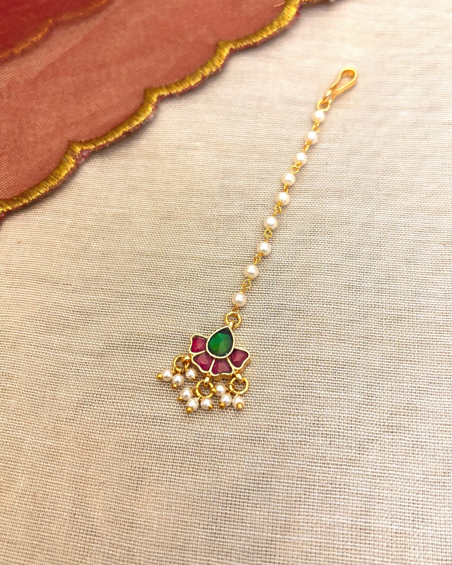 Minimal Jadau Floral Design Maang Tikka | Ruby and Green | MT031