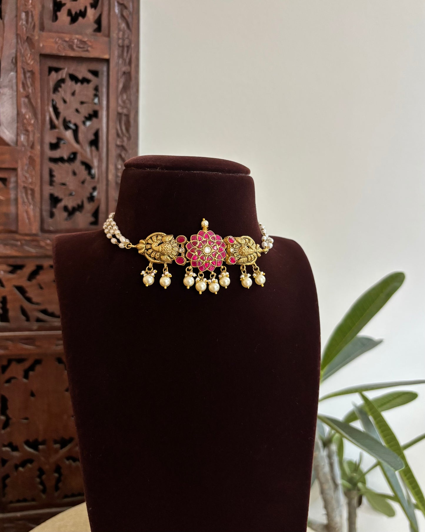 Antique Floral Peacock Jadau Pearl Choker | NC531