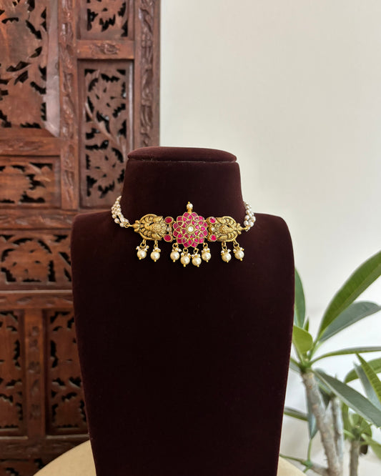 Antique Floral Peacock Jadau Pearl Choker | NC531