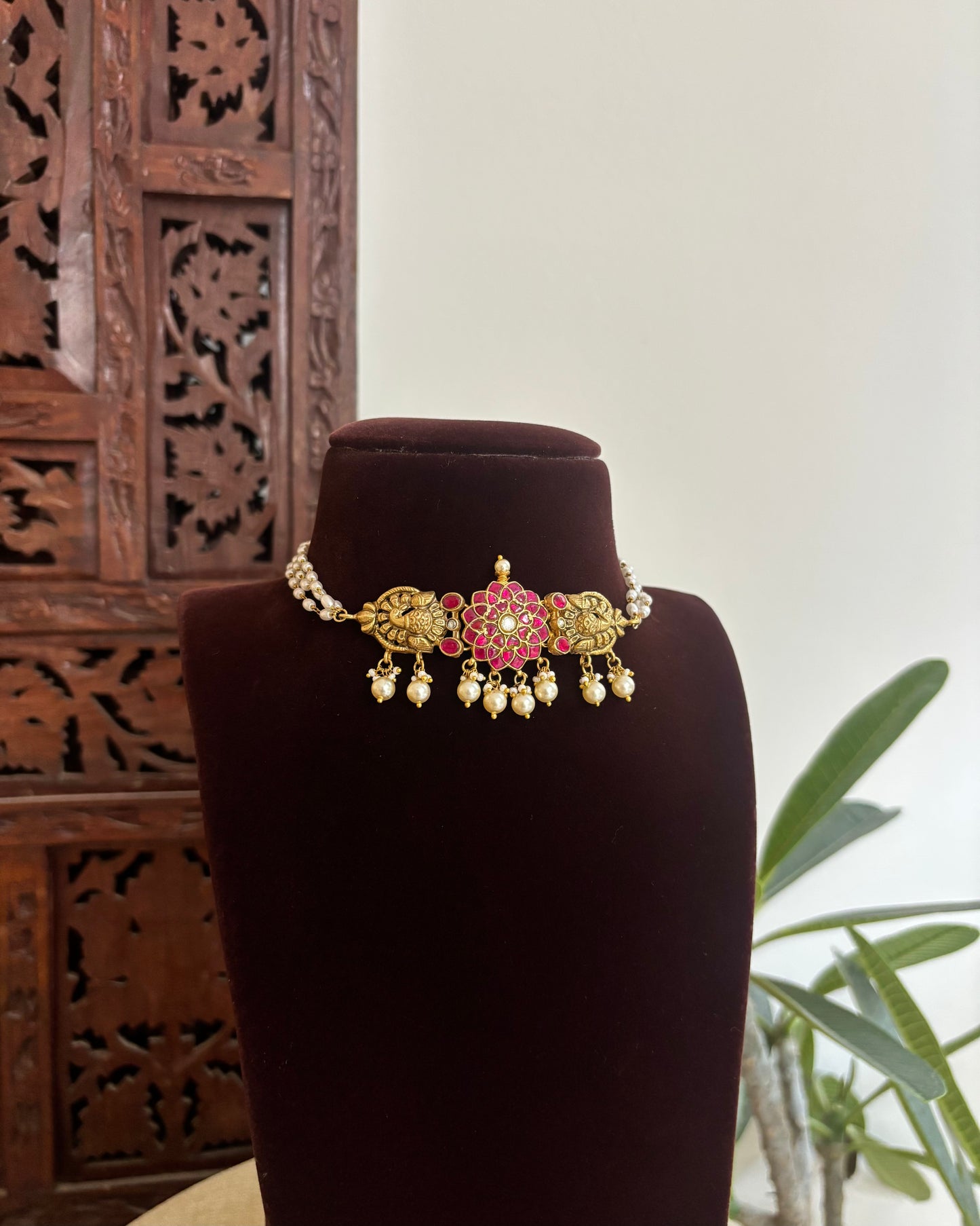 Antique Floral Peacock Jadau Pearl Choker | NC531