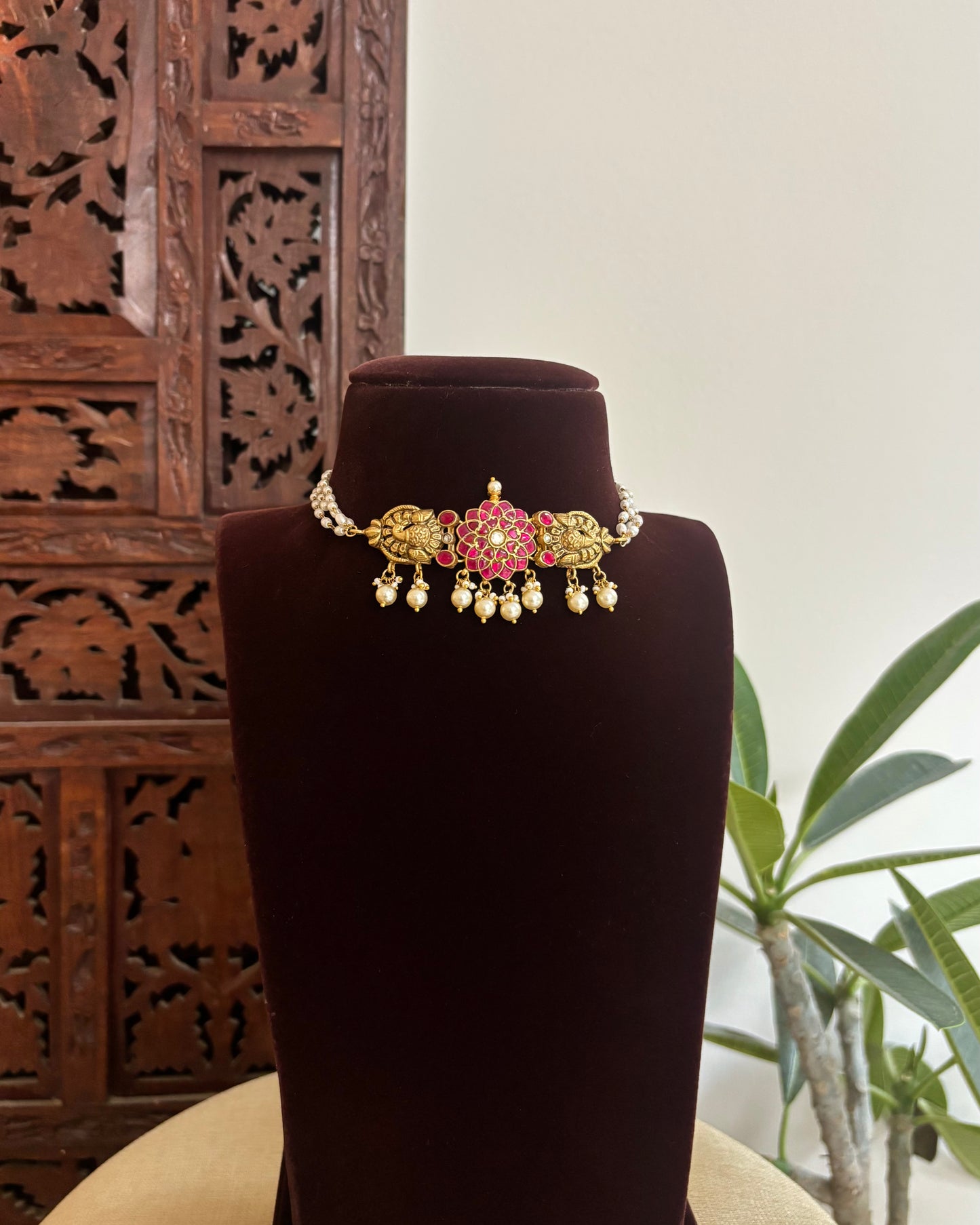 Antique Floral Peacock Jadau Pearl Choker | NC531