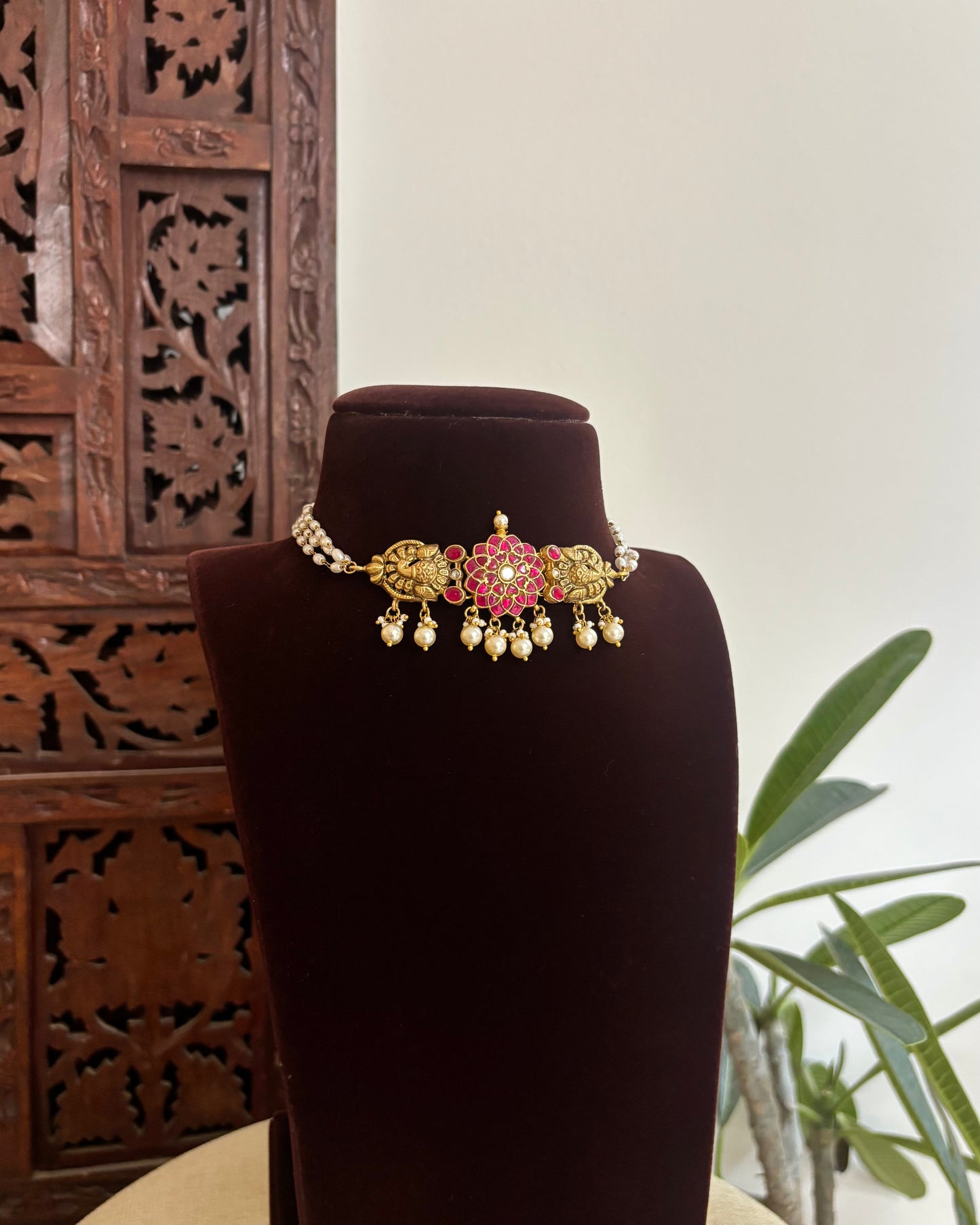 Antique Floral Peacock Jadau Pearl Choker | NC531