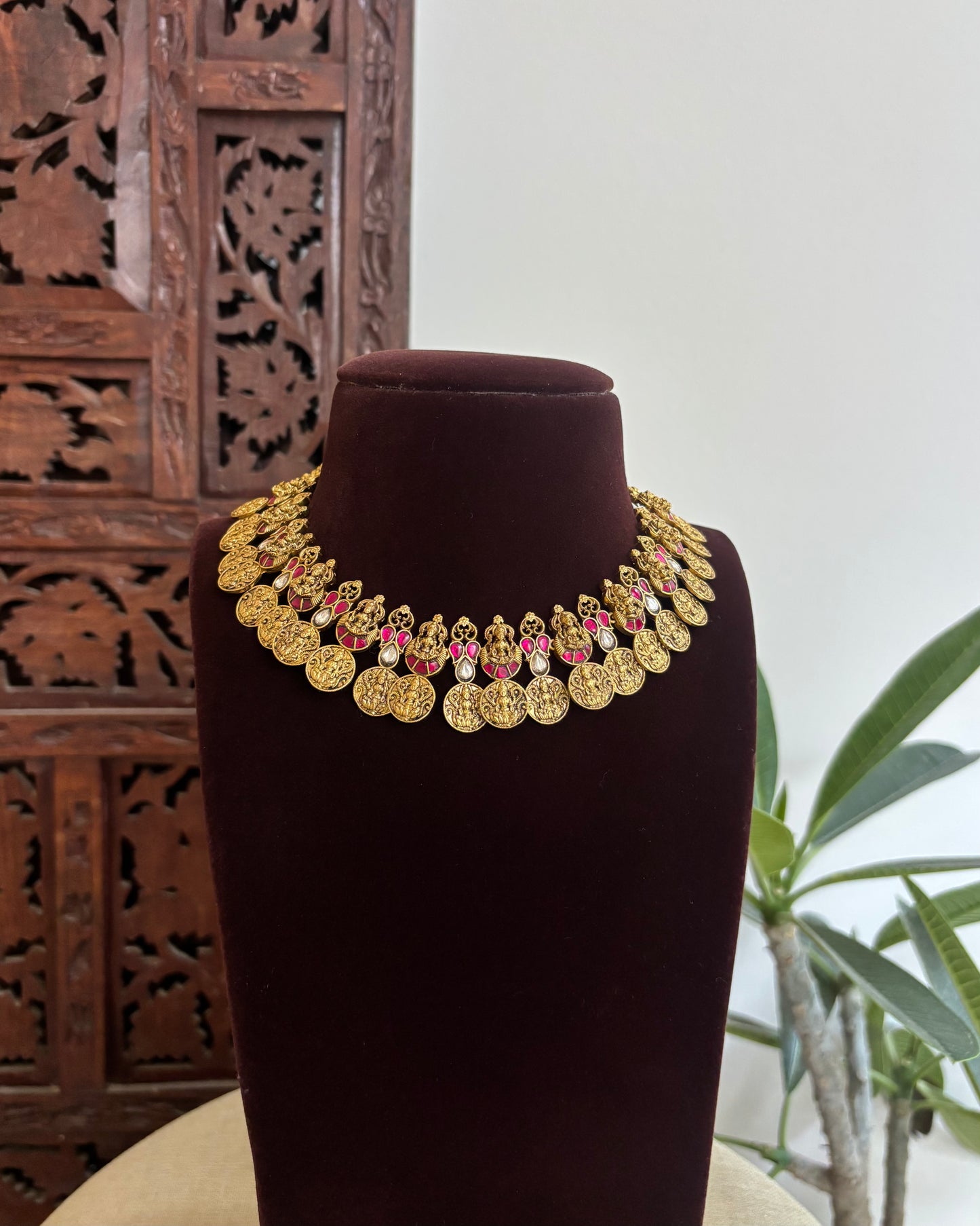 Antique Lakshmi  Kaasu Haram with Kundan Detailing – Bridal Temple Jewellery | NC514