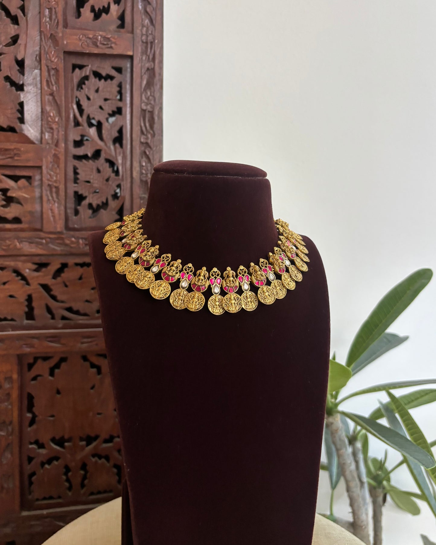 Antique Lakshmi  Kaasu Haram with Kundan Detailing – Bridal Temple Jewellery | NC514