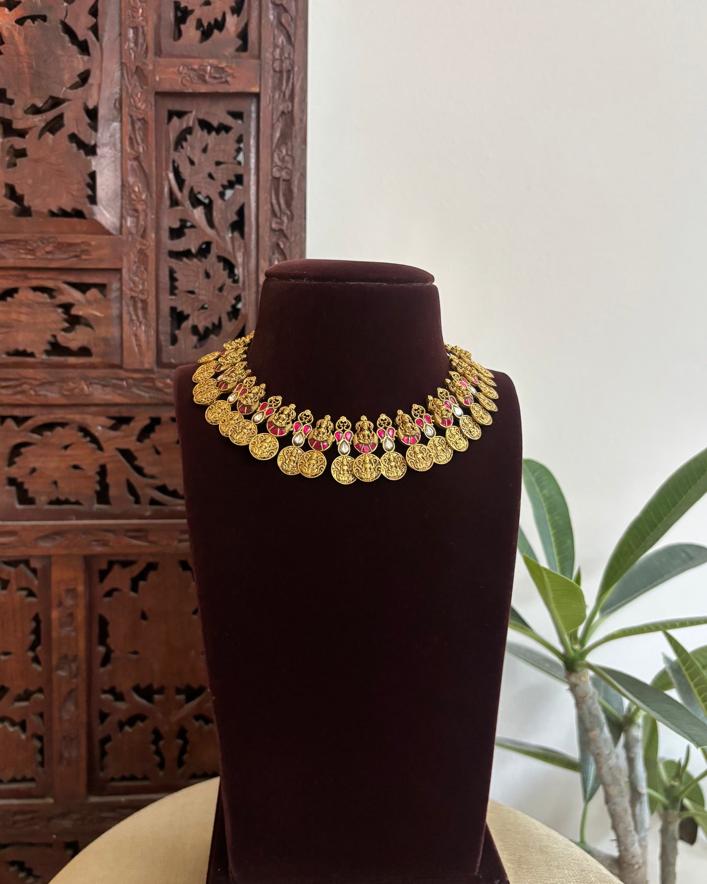 Antique Lakshmi  Kaasu Haram with Kundan Detailing – Bridal Temple Jewellery | NC514