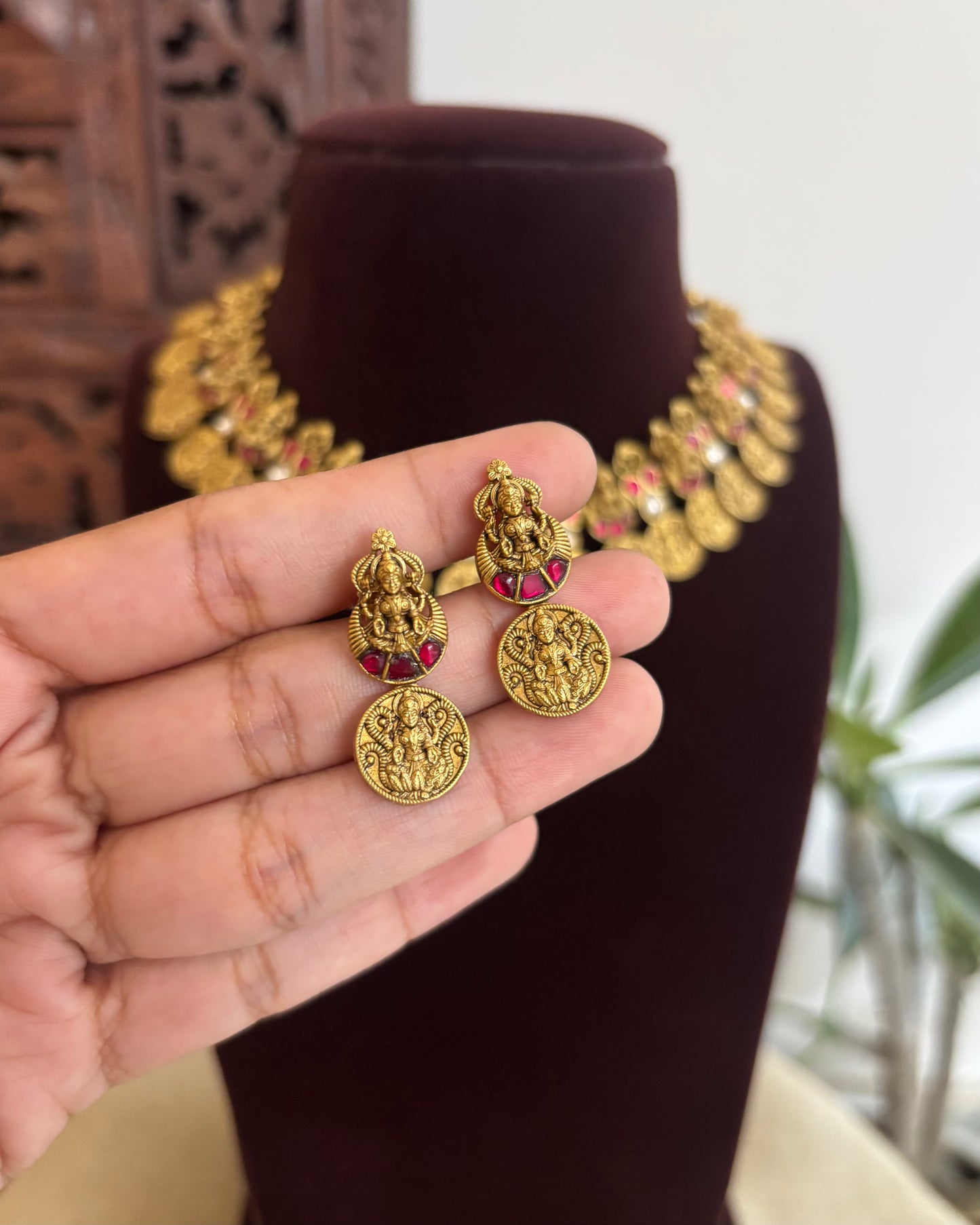Antique Lakshmi  Kaasu Haram with Kundan Detailing – Bridal Temple Jewellery | NC514