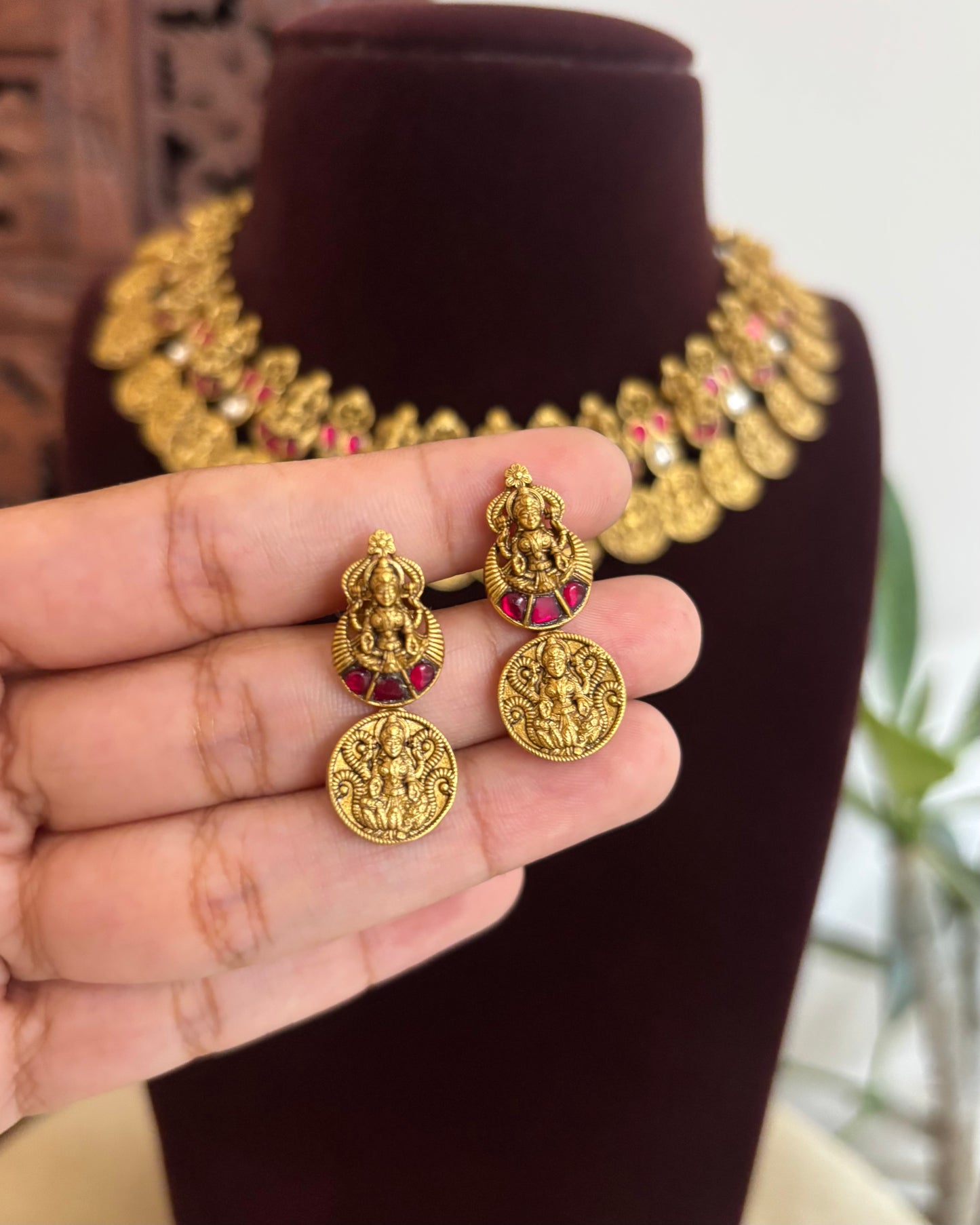 Antique Lakshmi  Kaasu Haram with Kundan Detailing – Bridal Temple Jewellery | NC514