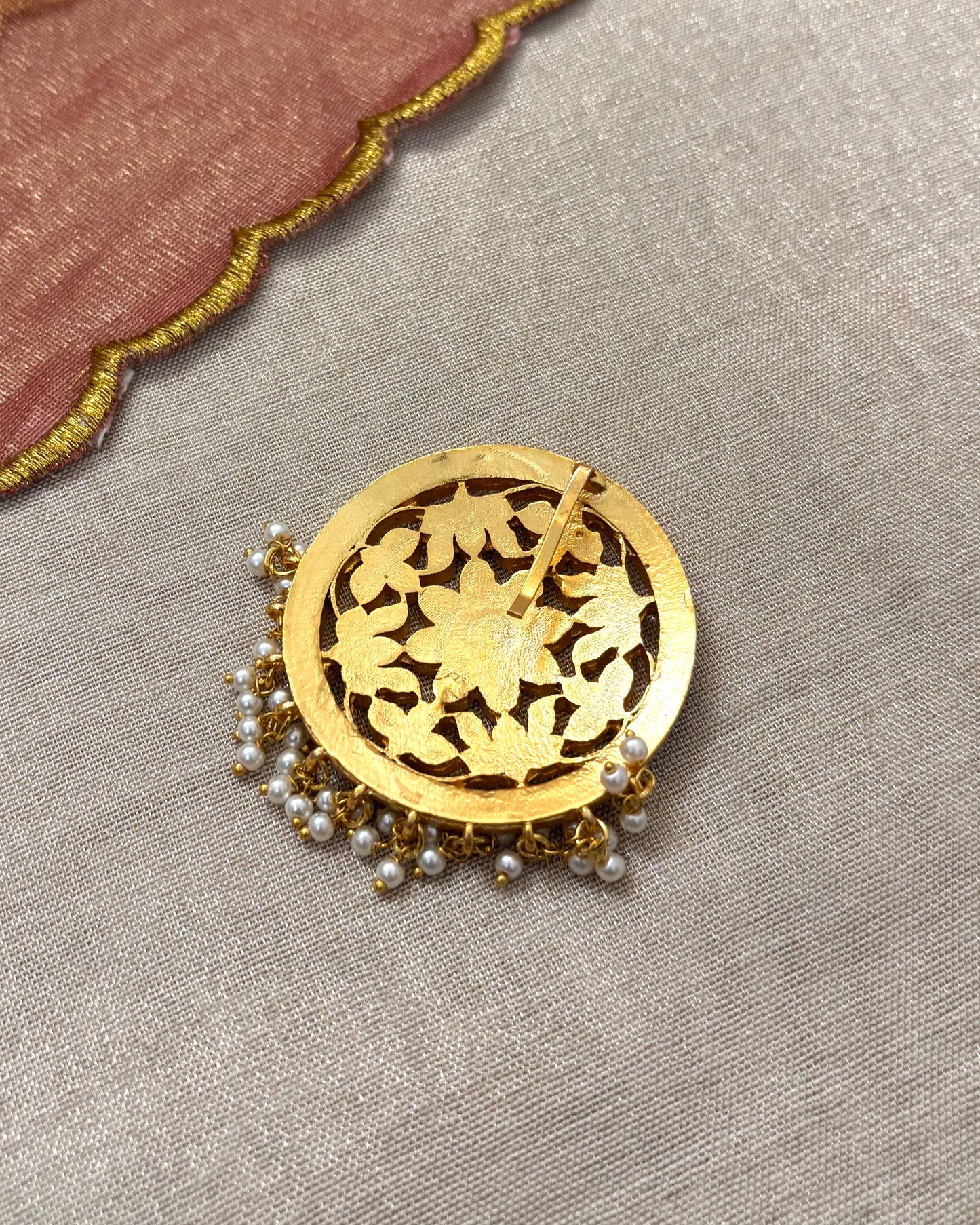 Green Ruby Round Jadau Pendant with Pearls | Gold-Plated Traditional Jewelry | HA021