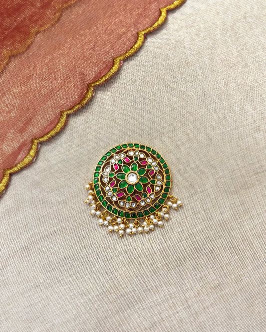 Green Ruby Round Jadau Pendant with Pearls | Gold-Plated Traditional Jewelry | HA021