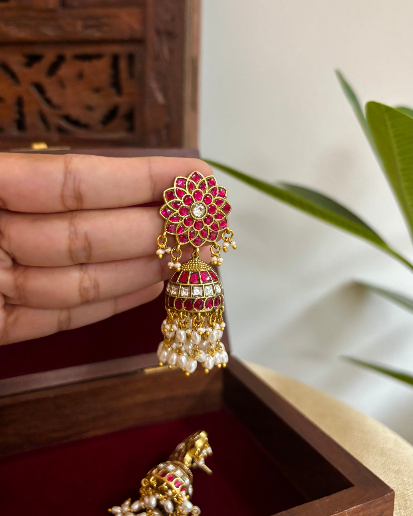 Floral Jadau Kundan Jhumkas With Pearl Hanging | Ruby & White | ER338