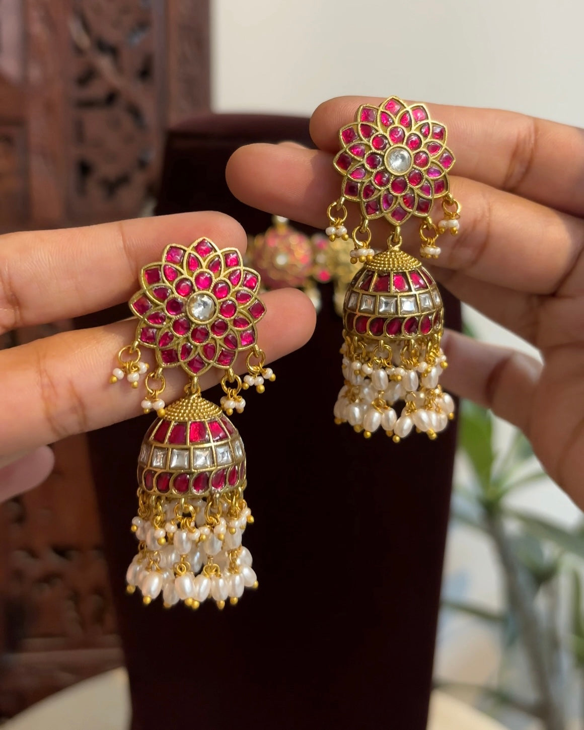 Floral Jadau Kundan Jhumkas With Pearl Hanging | Ruby & White | ER338