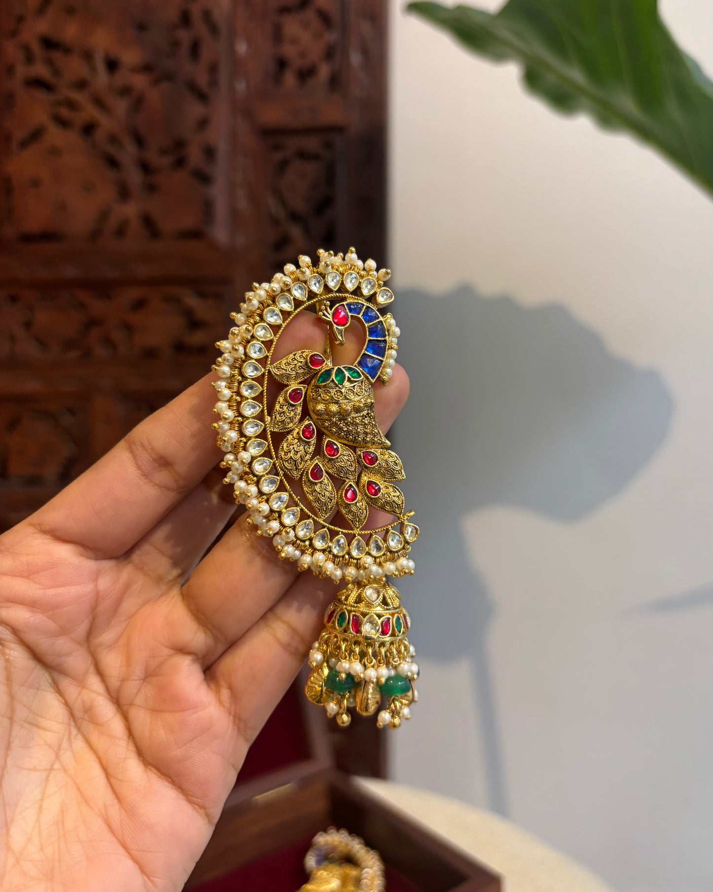 Regal Peacock Ear Cuff Jhumkas – Intricate Kundan Design | ER119