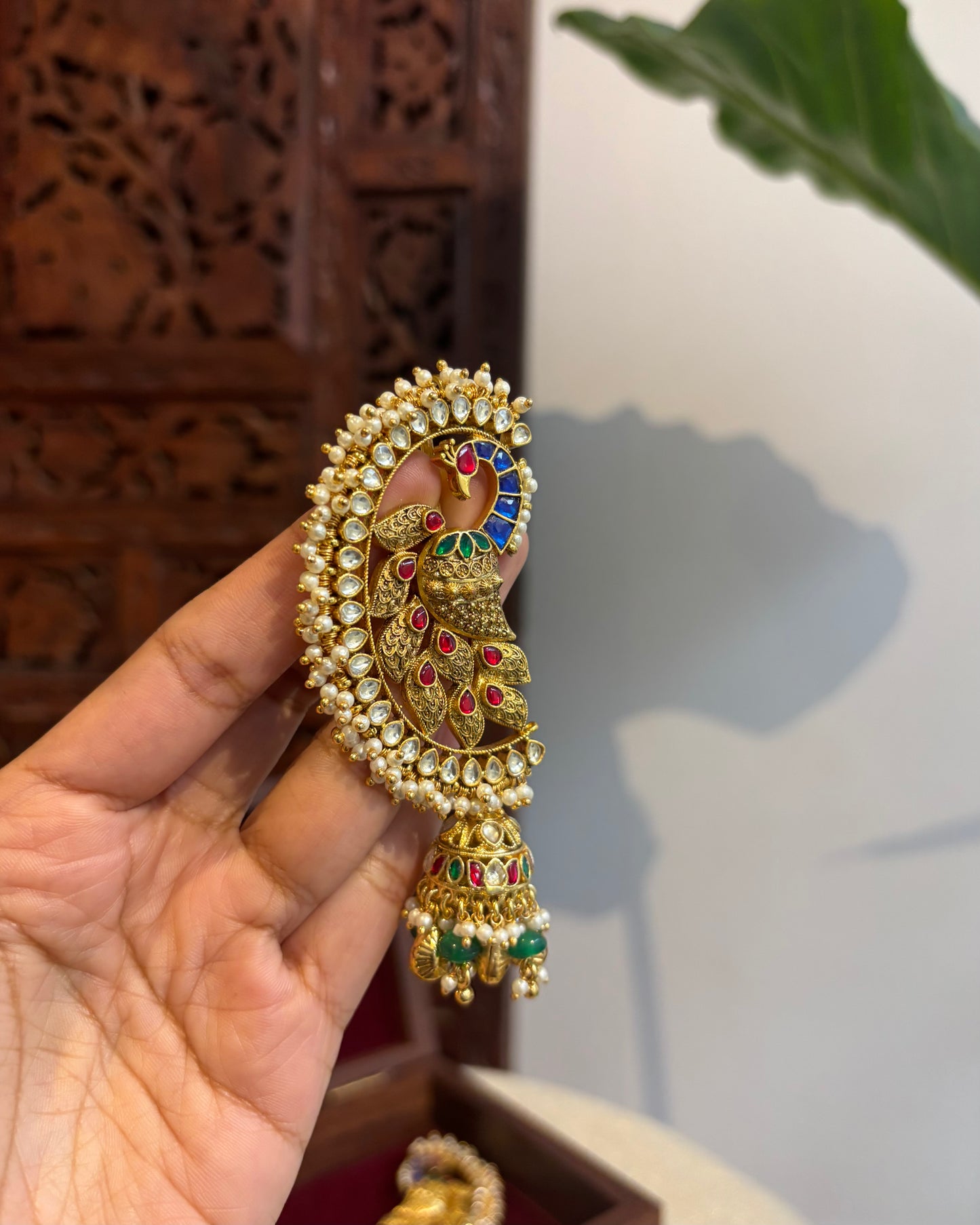 Regal Peacock Ear Cuff Jhumkas – Intricate Kundan Design | ER119