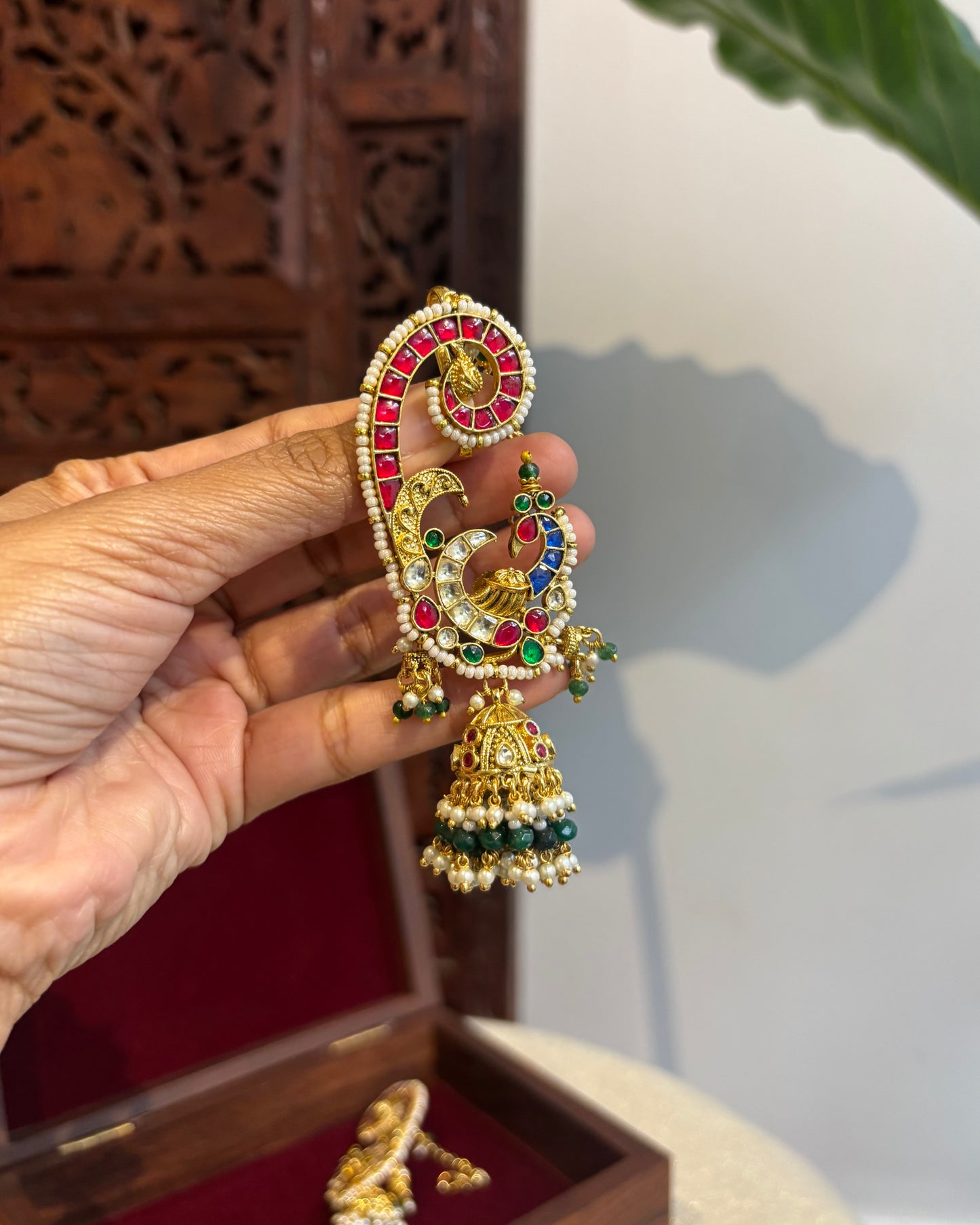 Regal Peacock Ear Cuff Jhumkas – Intricate Kundan Design | ER203