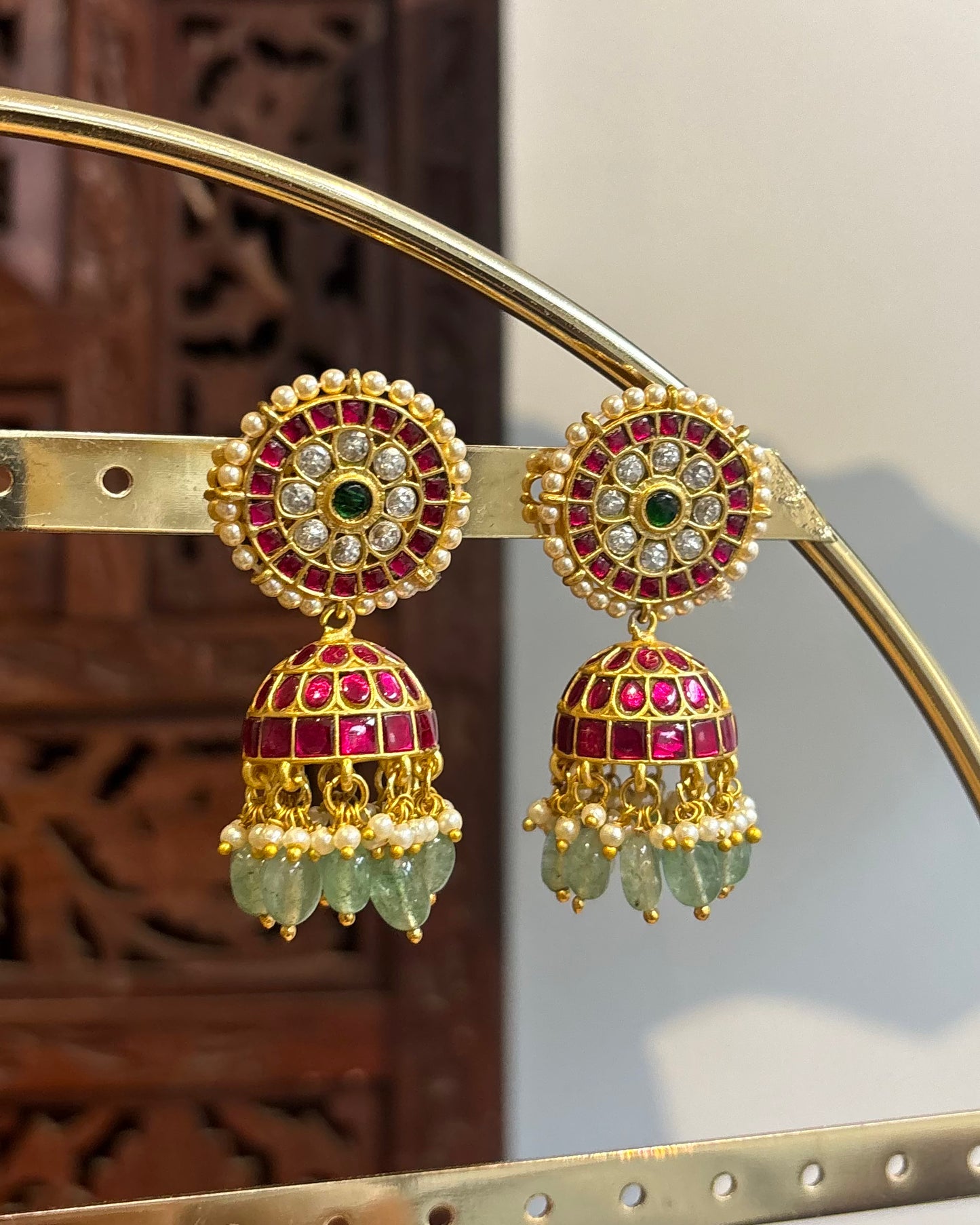 Multicolor Floral Jadau Kundan Jhumkas with Pearl Hangings | ER195
