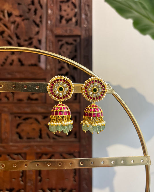 Multicolor Floral Jadau Kundan Jhumkas with Pearl Hangings | ER195
