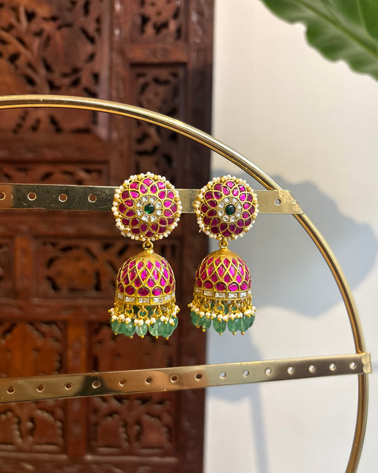 Multicolor Floral Jadau Kundan Jhumkas with Pearl Hangings | ER193
