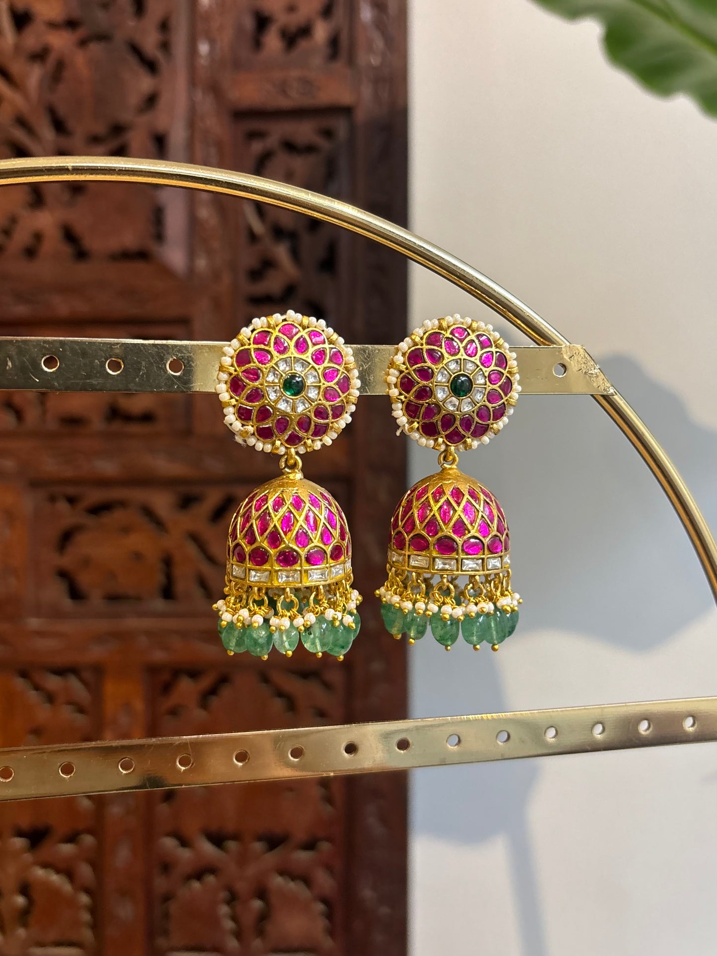 Multicolor Floral Jadau Kundan Jhumkas with Pearl Hangings | ER193
