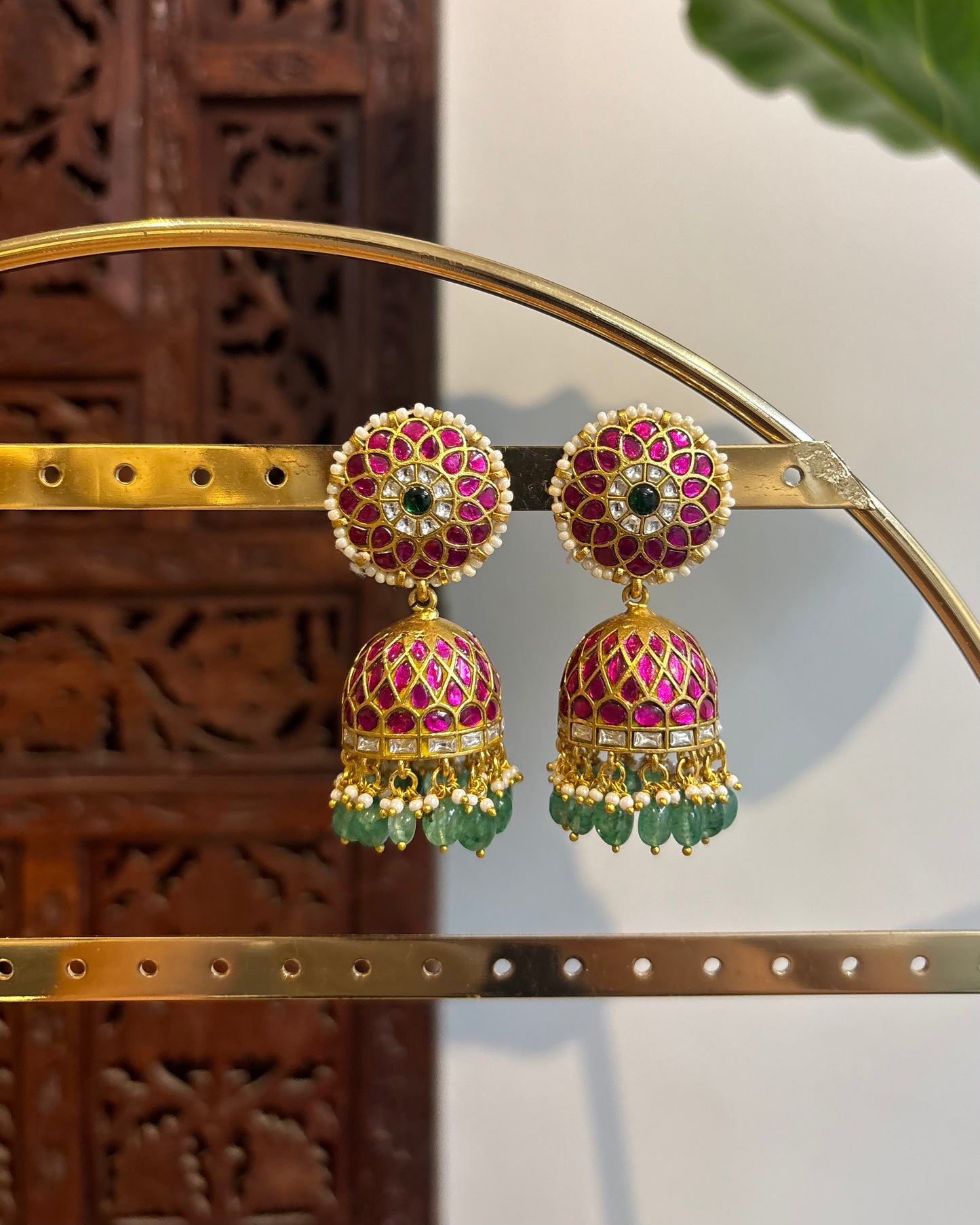 Multicolor Floral Jadau Kundan Jhumkas with Pearl Hangings | ER193