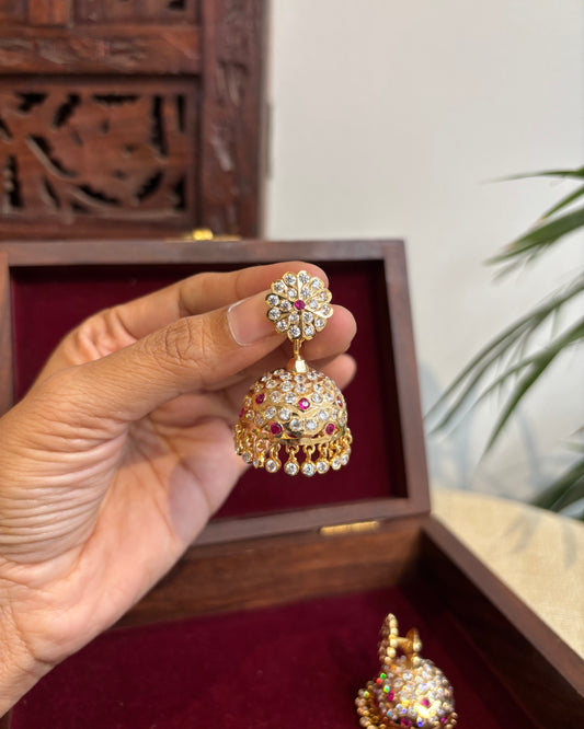Vintage Impon Small Earrings – Classic Jhumkas | Ruby and White  | ER282