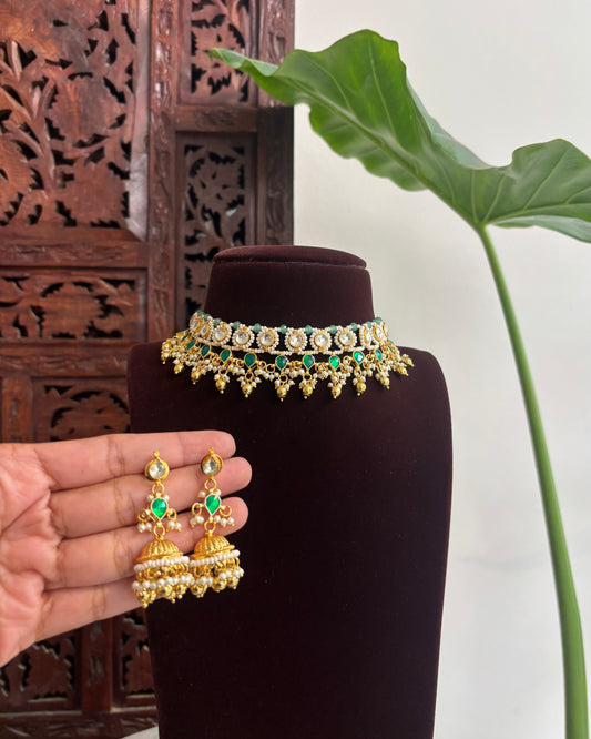 Green White Kundan Choker Set with Earrings – Minimal Statement | NC281