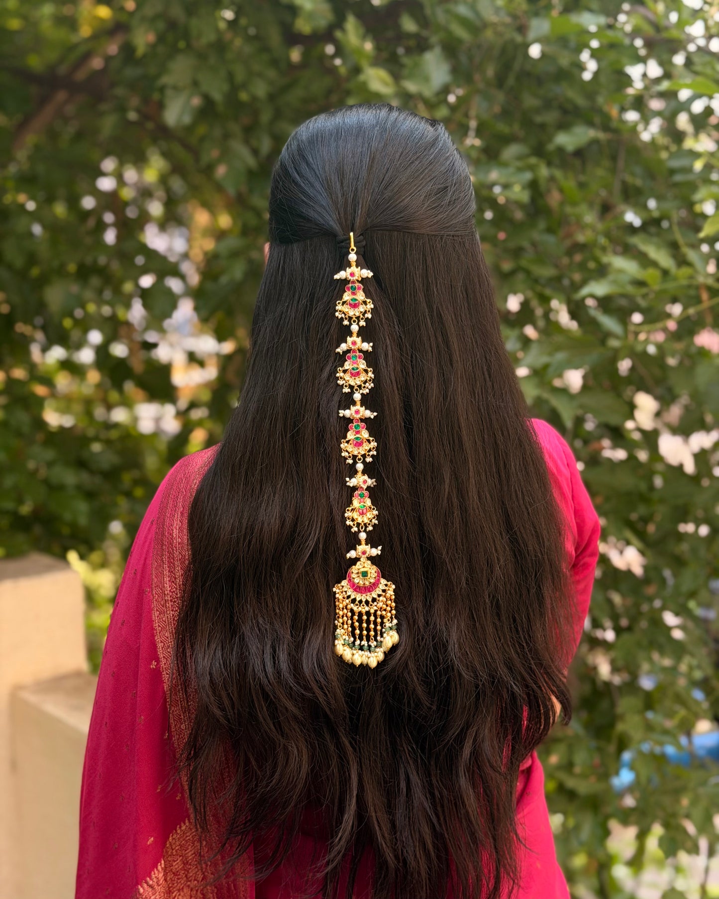 Gold Plated Green Pachi Kundan Hair Accessory | HA310