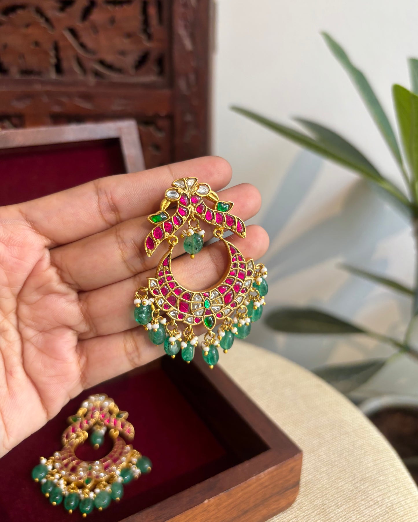 Bridal Jadau Kundan Peacock Chandbali Earrings with Pearls & Strawberry Beads | ER347