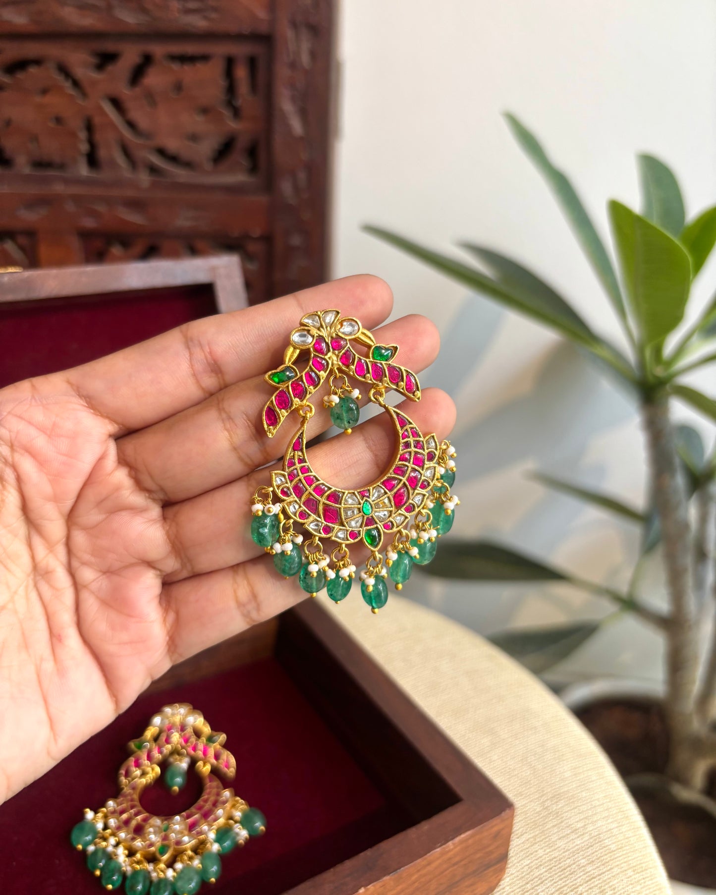 Bridal Jadau Kundan Peacock Chandbali Earrings with Pearls & Strawberry Beads | ER347